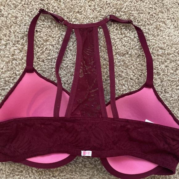 Burgundy lace Pink VS lace t-back bra, front close - Picture 2 of 4